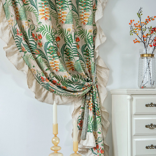 Le Xuanxiu ins green plant ruffled curtain finished product wholesale bedroom kitchen small curtain bay window hook curtain 