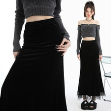 实拍 丝绒蕾丝花边鱼尾半身裙女2025秋季高腰显瘦a字中长款包臀裙