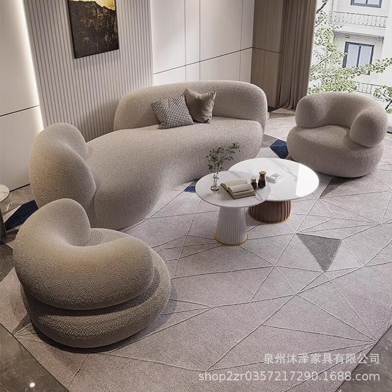 轻奢羊羔绒布艺弧形沙发茶几简约现代客厅服装店美容院网红沙发|undefined