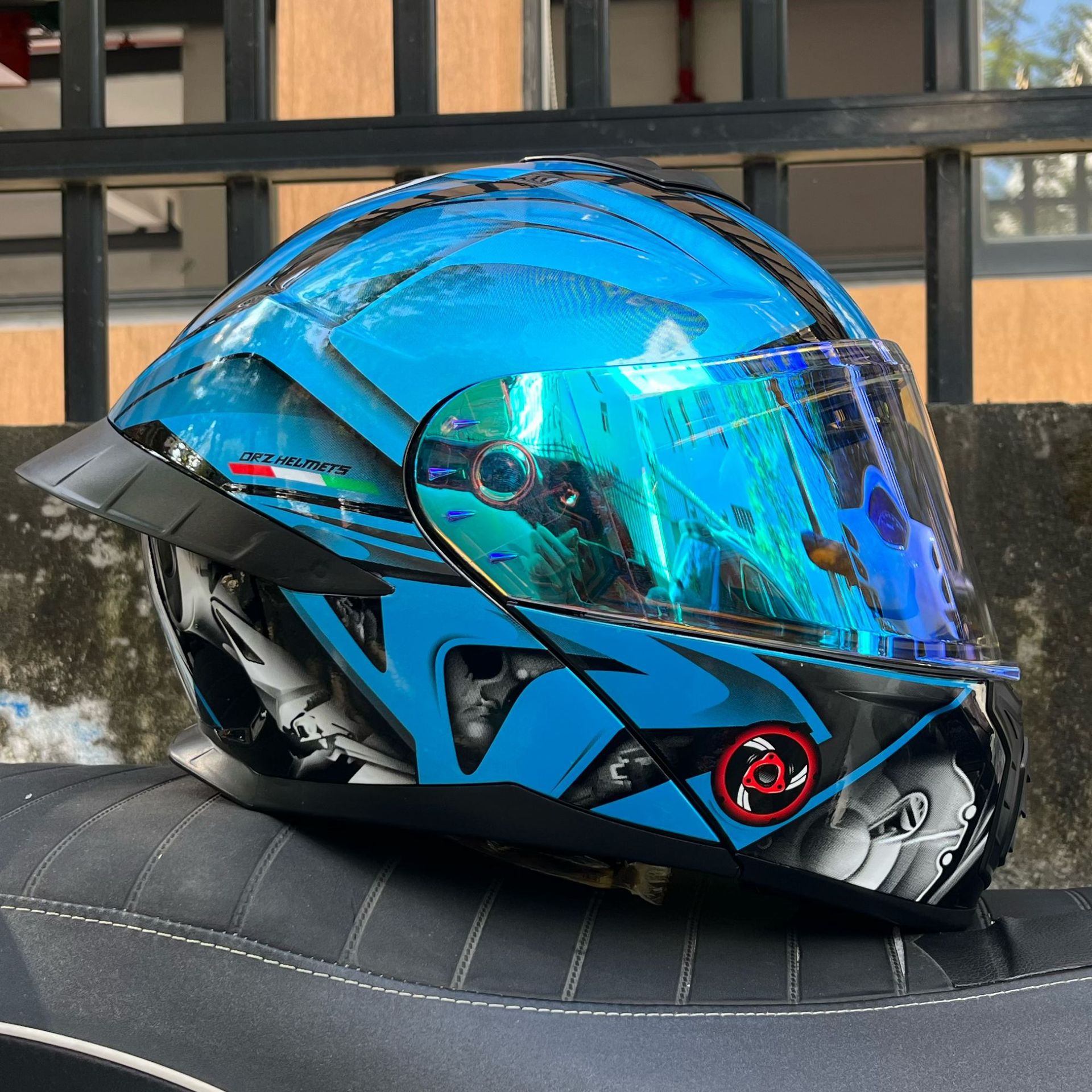 Casco de Motocicleta Orz con Certificación DOT para Hombre y Mujer, Casco Abierto con Visera Doble, Spoiler de Invierno, Cobertura Media, Azul para Todas las Estaciones.
