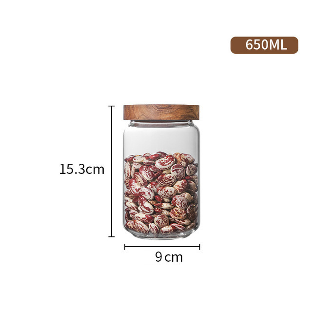 Fabricante mayorista Acacia cubierta de madera de cocina refrigerio almacenamiento de granos a prueba de humedad tanque de almacenamiento de alta borosilicina de vidrio sellado