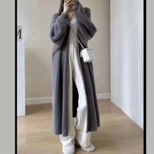 Autumn and winter extra long imitation mink velvet sweater cardigan for women new loose lazy knitted coat temperament coat