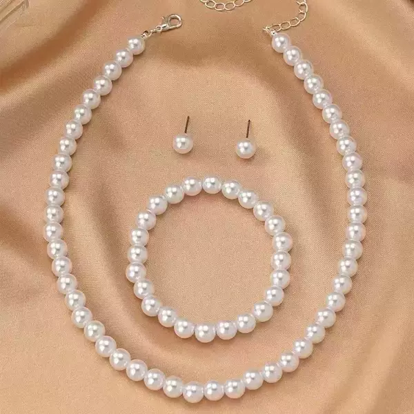 Cross-Border Hot-Selling 8mm Imitation Pearl Necklace Bracelet Earrings Three-Piece Set Fashion Women's Pearl Jewelry Set Wholesale