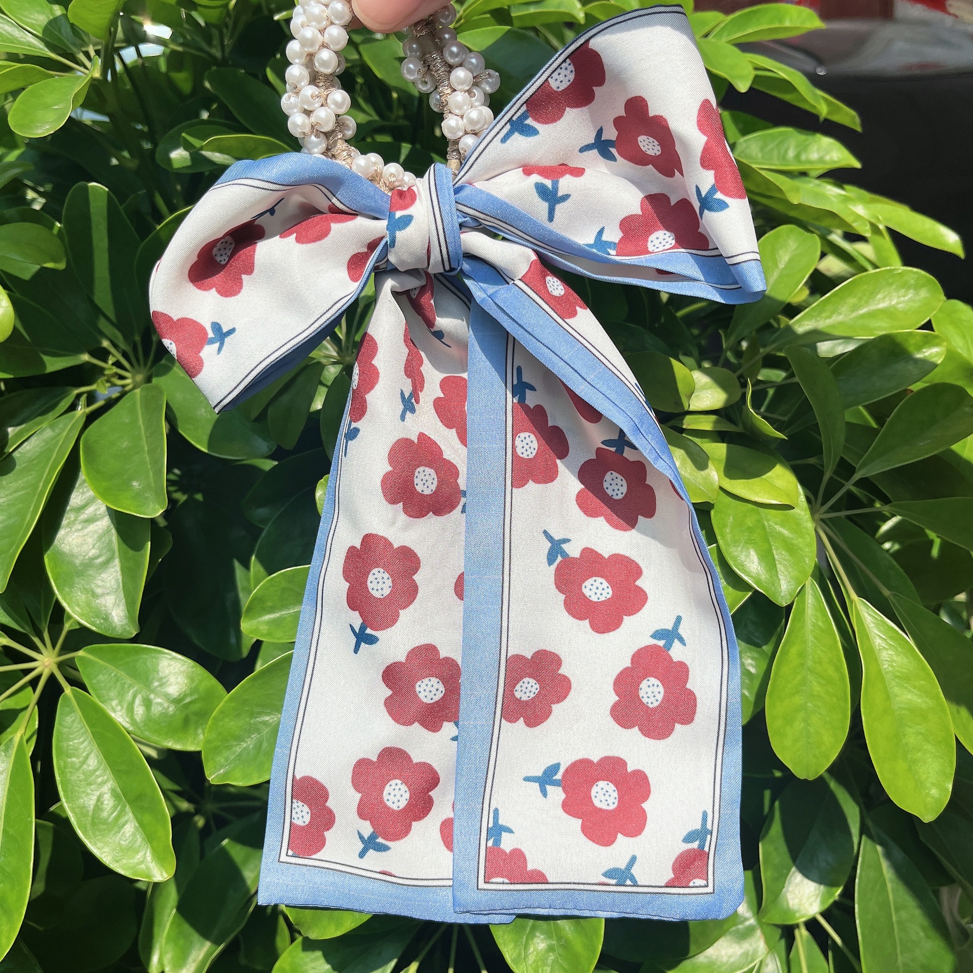 Banda de pelo de bufanda de seda para mujer corbata de pelo fino de verano de perlas cinta de arco Hada cuerda de pelo de todo fósforo estilo coreano accesorios para el cabello al por mayor