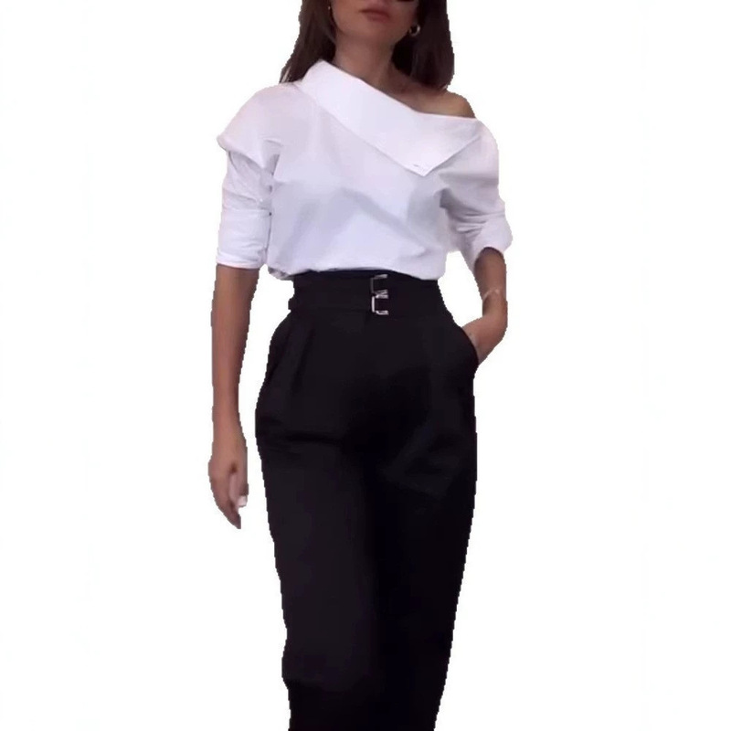 European and American Cross-Border New Women's Clothing Amazon Elegant High-Neck Solid Color Metal Buckle Off-Shoulder Shirt Top for Women