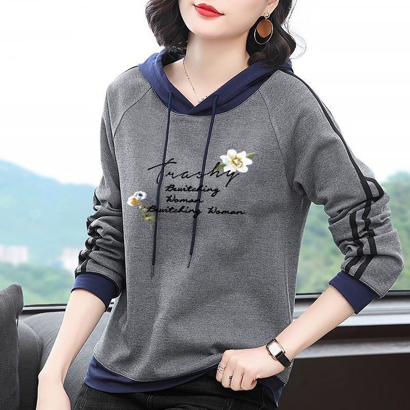 棉秋装新款中年妈妈女士卫衣女长袖薄款宽松韩版大码带帽外套