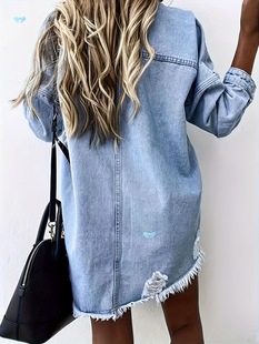 Women's Distressed Denim Jacket with Frayed Hem Single Cross-Border