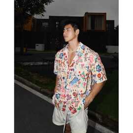 美式街头趣味涂鸦休闲花衬衫男女夏季新款小众设计感潮牌宽松衬衣