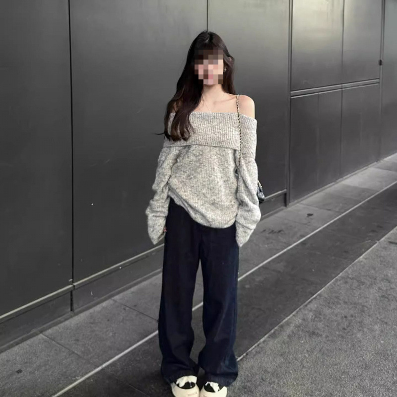灰色露肩韩系套头毛衣女秋慵懒风宽松休闲显瘦气质小个子长袖上衣|undefined