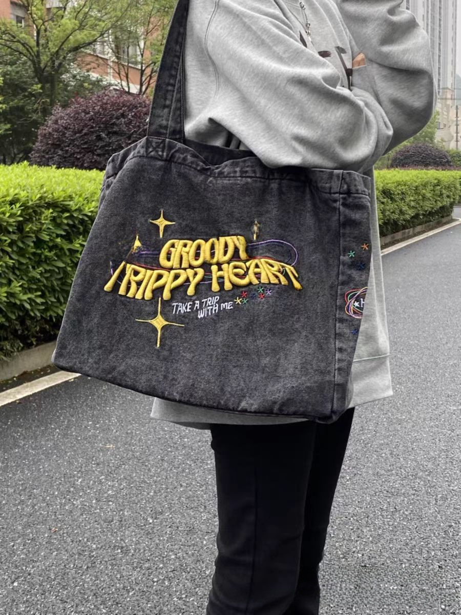 伊妮兒 牛仔包泰國代購Hamblepie牛仔煙灰色刺繡挎包大容量帆布包