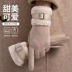 冬季户外骑行分指手套女款触屏厚保暖冬季麂皮绒卡扣手套女士代发