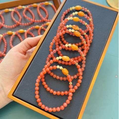 Natural Southern Red Agate Bracelet, full color and texture, jade-like and translucent, paired with white beeswax beads, icy Southern Red Agate.