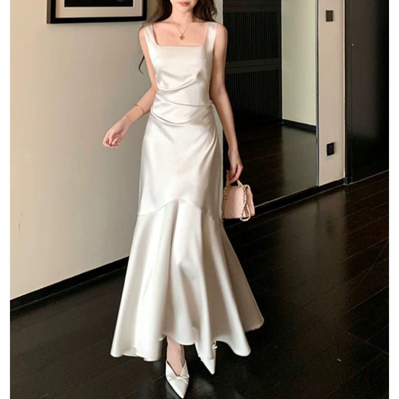Shipped Now: White Satin Slip Dress for Women, Summer Mermaid Long Gown for Engagement Parties and Banquets