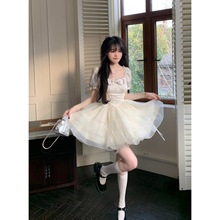 蝴蝶结提花欧根纱仙女感连衣裙女夏季新款在逃公主蓬蓬短裙子