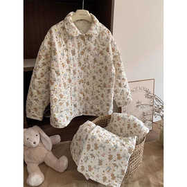 甜美可爱卡通小熊夹棉长袖睡衣女秋冬新款加厚保暖家居服外穿套装