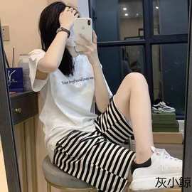 纯棉休闲运动套装女24夏季新款韩版时尚条纹长裤短袖两件套潮