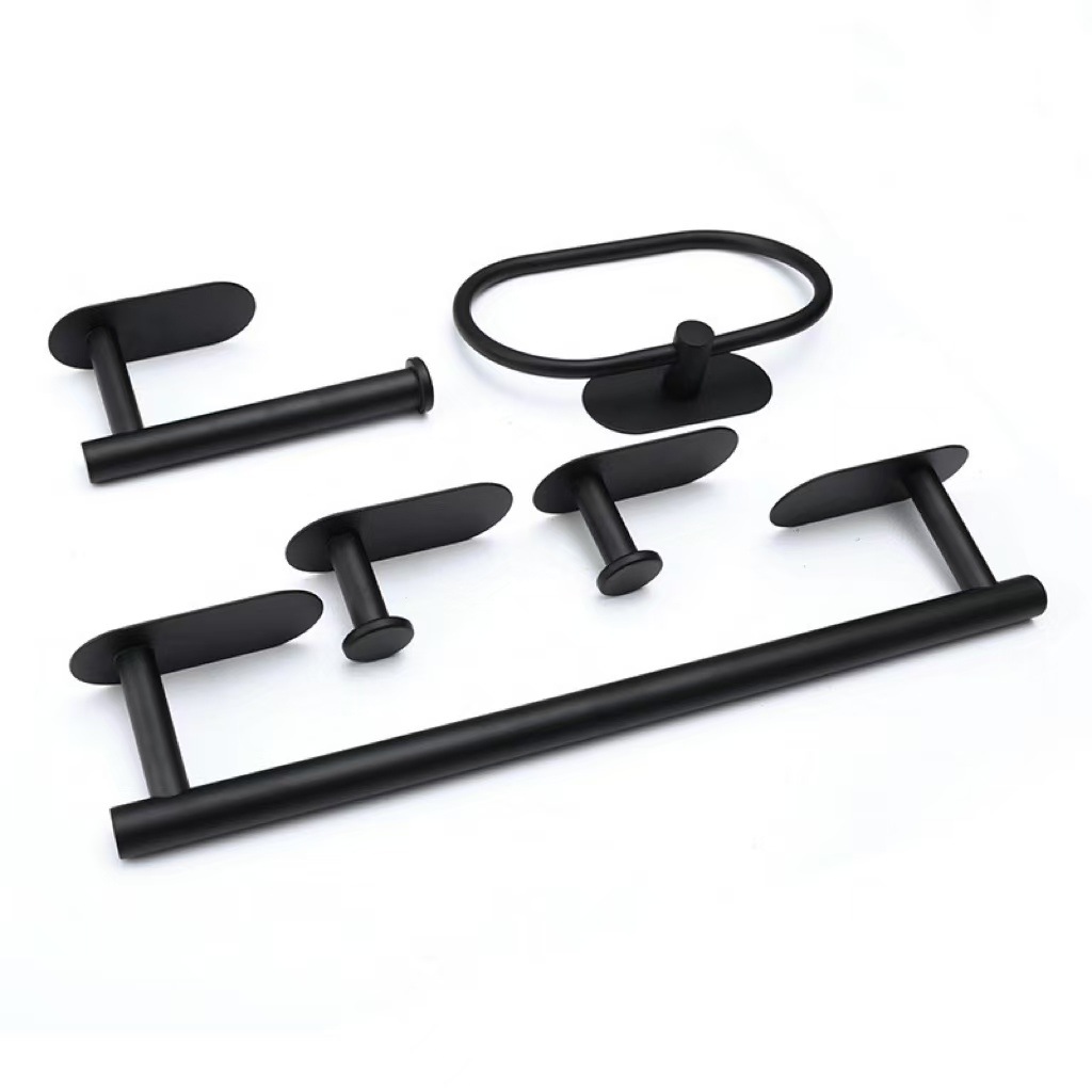 Conjunto de barra de toallas transfronterizas, estante de toallas de baño, estante de papel de baño negro, gancho de ropa sin clavos, conjunto de accesorios de baño image 5