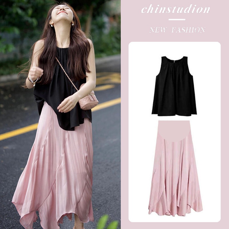 Versatile high-waisted fishtail skirt, black sleeveless top, chiffon half skirt, summer maternity wear, patchwork set, solid color Versatile high-waisted fishtail skirt, black sleeveless top, chiffon half skirt, summer maternity wear, patchwork set, solid color