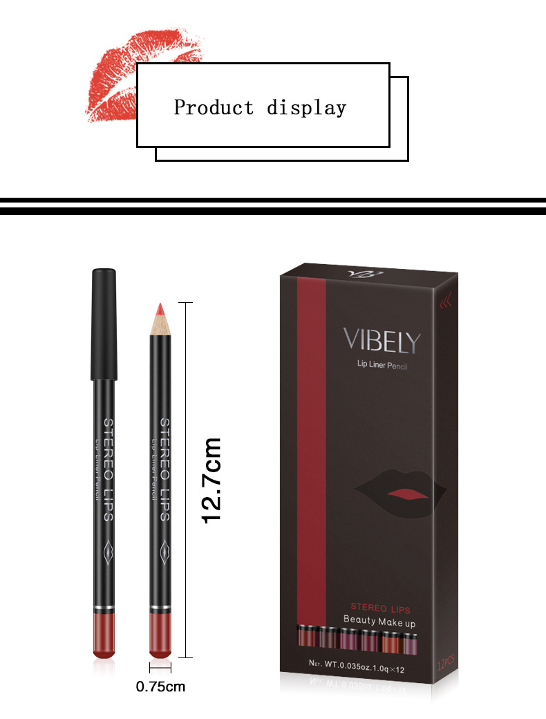 VIBELY European and American export matte non-stick cup lip liner lipstick 12-color line lip liner makeup cross-border wholesale undefined