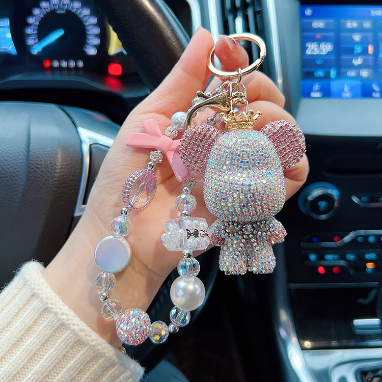 Creativo panda de diamantes a juego con cabeza grande, llavero de oso, cadena de cuentas personalizada, bolso de oso, colgante de bolso, colgante de coche, mujer
