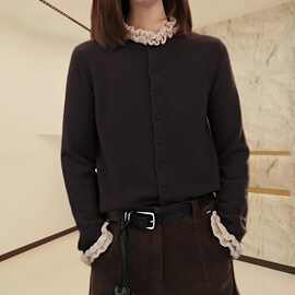 法式木耳边拼接针织开衫女春季新款大码胖MM时尚显瘦打底衫上衣潮