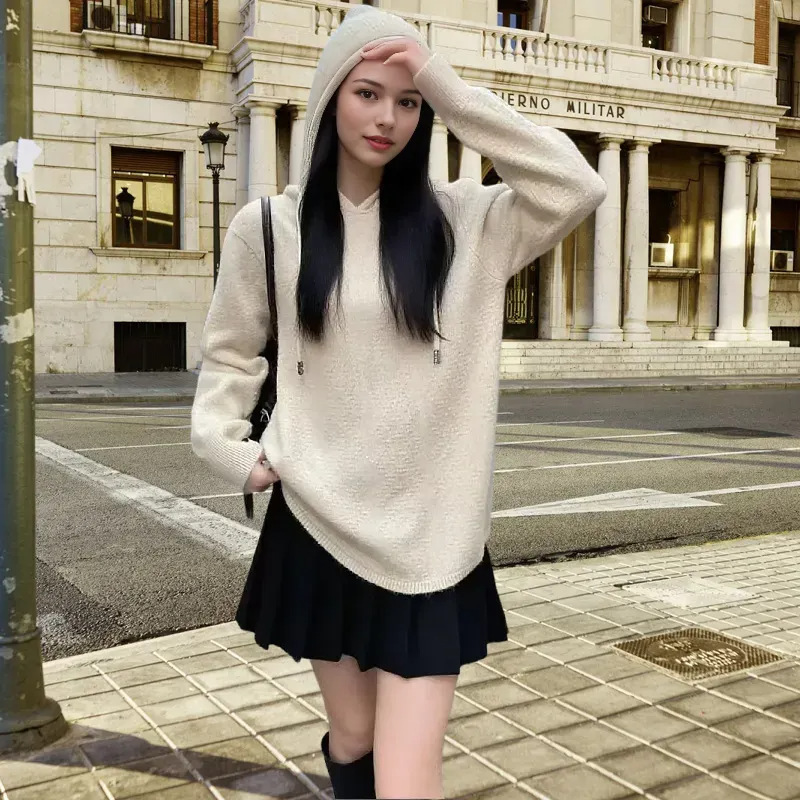 亮片休闲连帽毛衣女2025秋冬季新款通勤风纯色简约宽松针织衫上衣|undefined