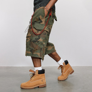 2024 Destruction Camouflage Stone Mill Washed Old Cropped Pants American Ripped Crock Pants Loose Wide-leg Shorts