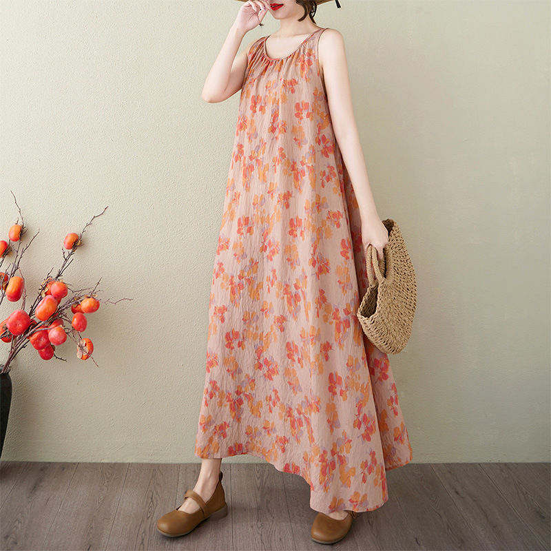 2025 New Summer Large Size Free Series Relaxed Lazy Skirt Normcore Floral Sleeveless Maxi Dress