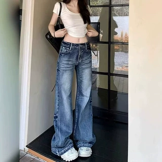 美式复古阔腿牛仔裤女春季新款水洗裂痕宽松不贴腿直筒微喇拖地裤