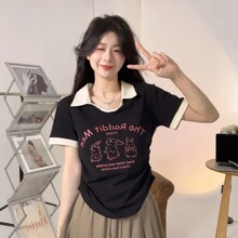 纤麦夏季新款黑色polo衫印花正肩短袖t恤女夏修身短款翻领上衣潮