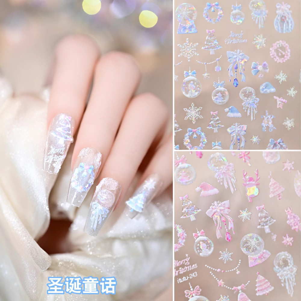 Nuevo cuento de hadas de Navidad relieve conchas luz bola de Navidad muñeco de nieve copo de nieve árbol de Navidad arco pegatinas de alce transfronterizas