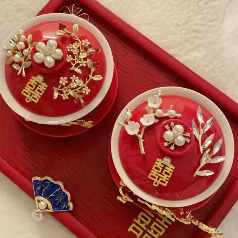 喜結連理敬茶杯結婚祝い用品持参対杯diy手作り装飾陶磁器蓋結婚祝い用品大全|undefined
