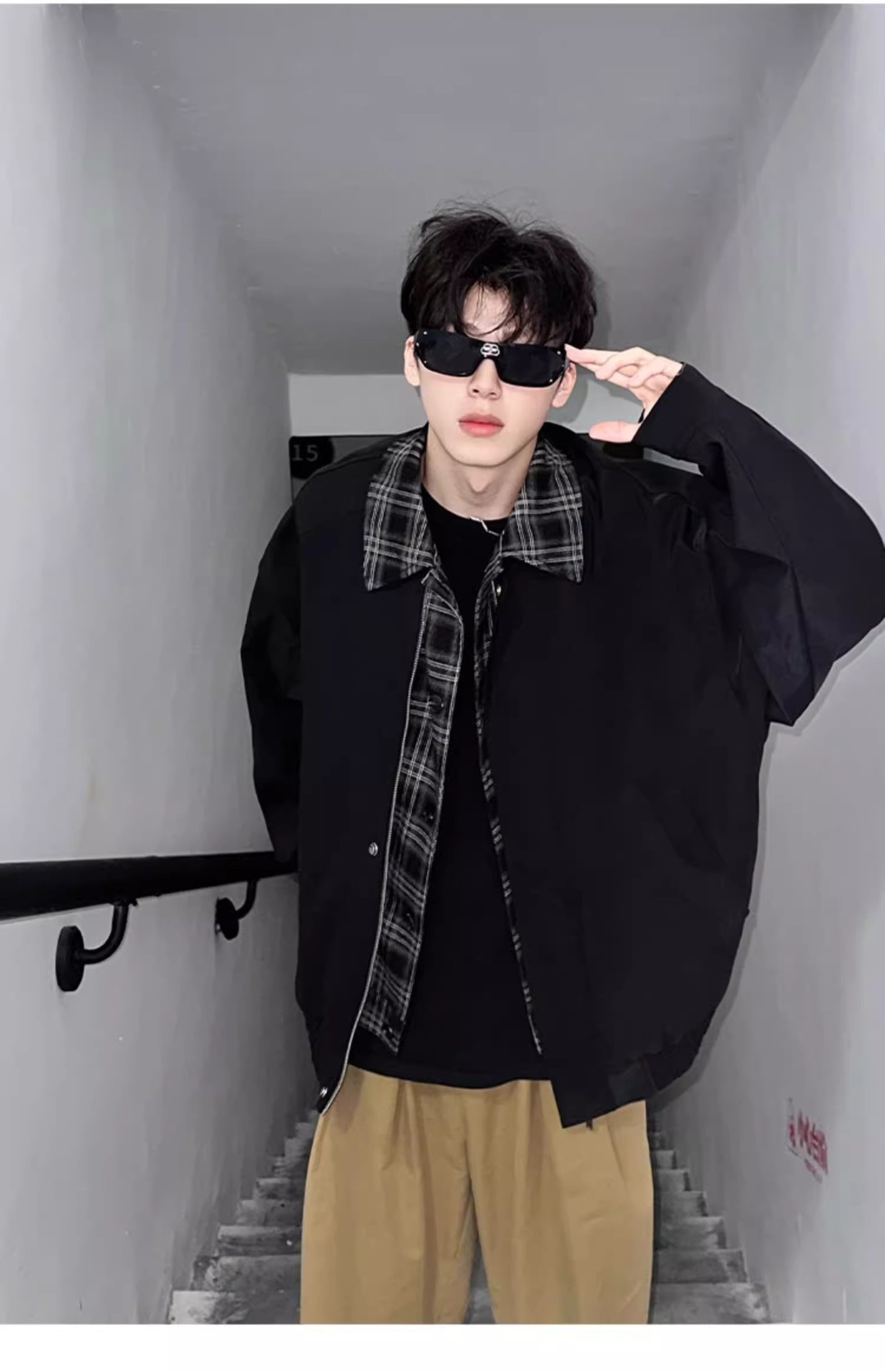 Casual And Cool Workwear Plaid Lapel Patchwork Jacket, Men's Trendy Loose Jacket_voghion.com