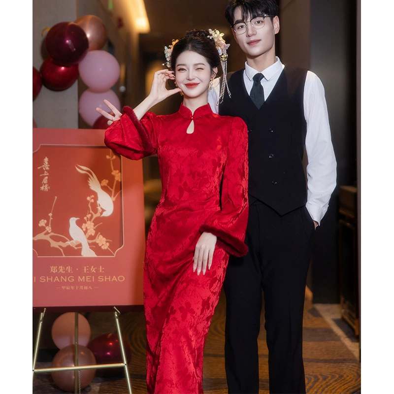 Зимний тост свадебный костюм бархатный утолщенный новый китайский длинный рукав красный чонсам свадебное жаккардовое помолвка платье осень-зима