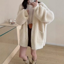 韩版软糯仿貂绒针织外套女秋冬新款宽松慵懒风V领单排扣女装开衫
