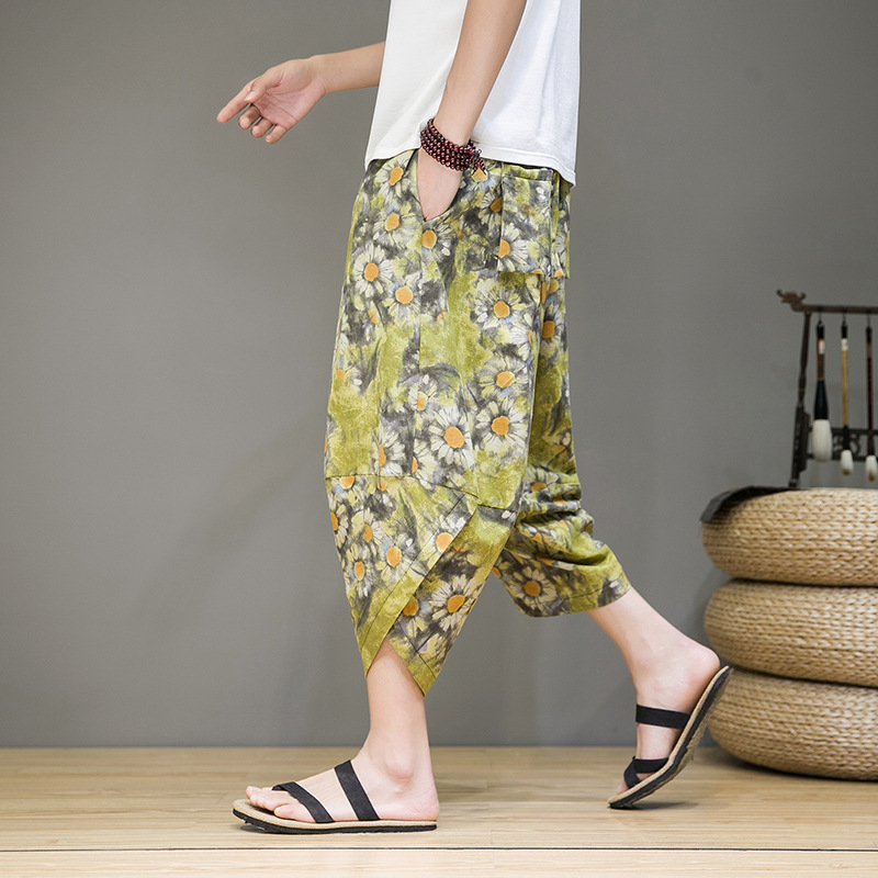 Men's summer printed Chinese style cropped pants men's trend wide-legged radish pants size Harlan bloomers 219-batch