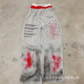 跨境2025新款流行假两件阔腿裤喷绘系列青少年情侣嘻哈双层裤批发