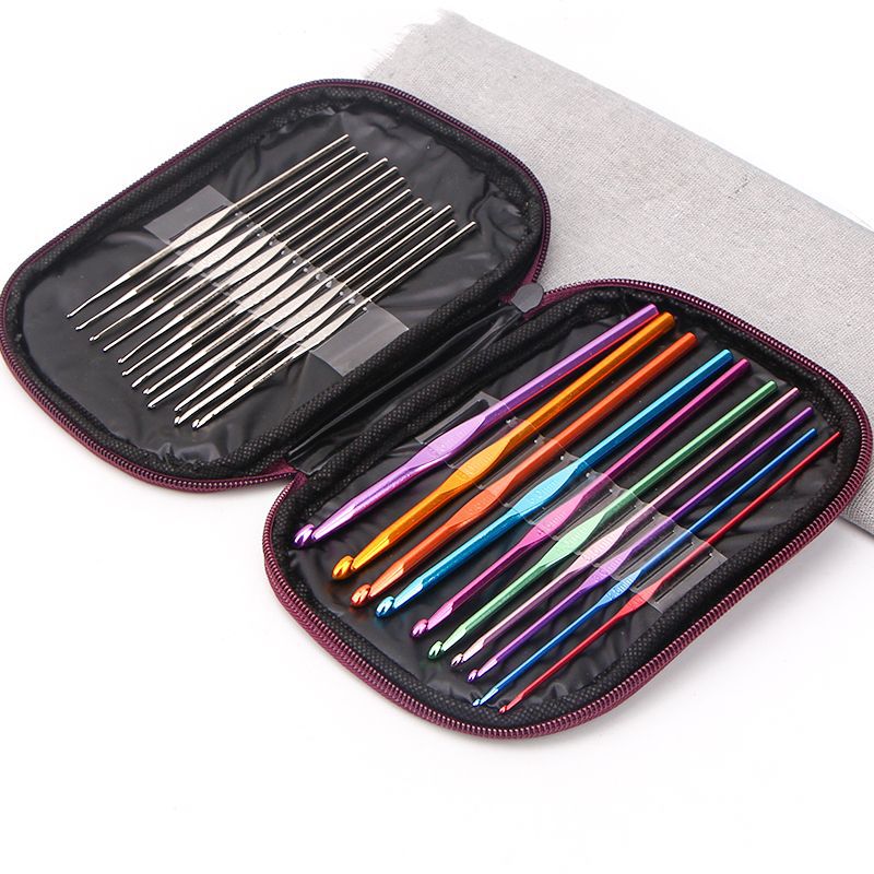 Traje de herramienta de ganchillo tejido a mano aguja de palo de lana marca de aguja hebilla aguja de giro con bolsa de almacenamiento aguja de gancho de aluminio