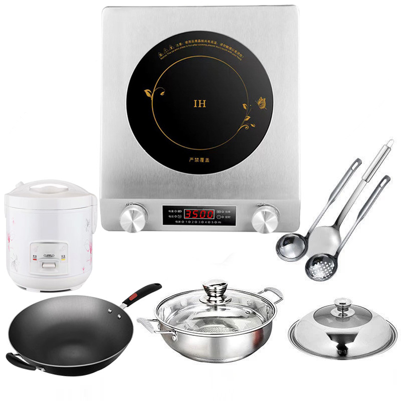 Placa de inducción para uso doméstico, nuevo modelo, juego completo con olla, superficie plana, alta potencia, cocina de inducción cóncava, uso comercial, estándar estadounidense 110V