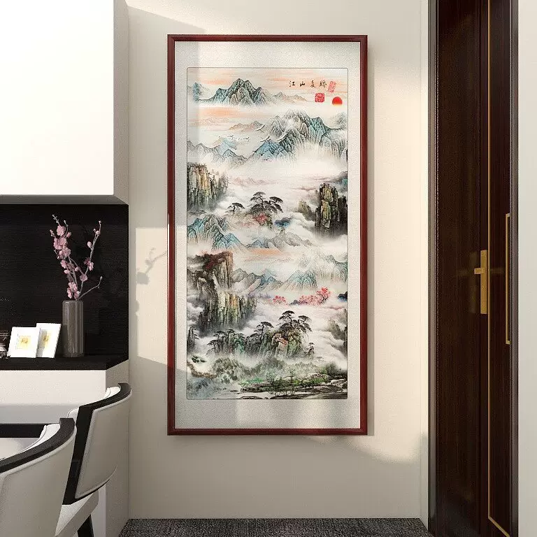 旭日东升图挂竖画办公室靠山玄关画过道装饰壁画中式山水画背景墙