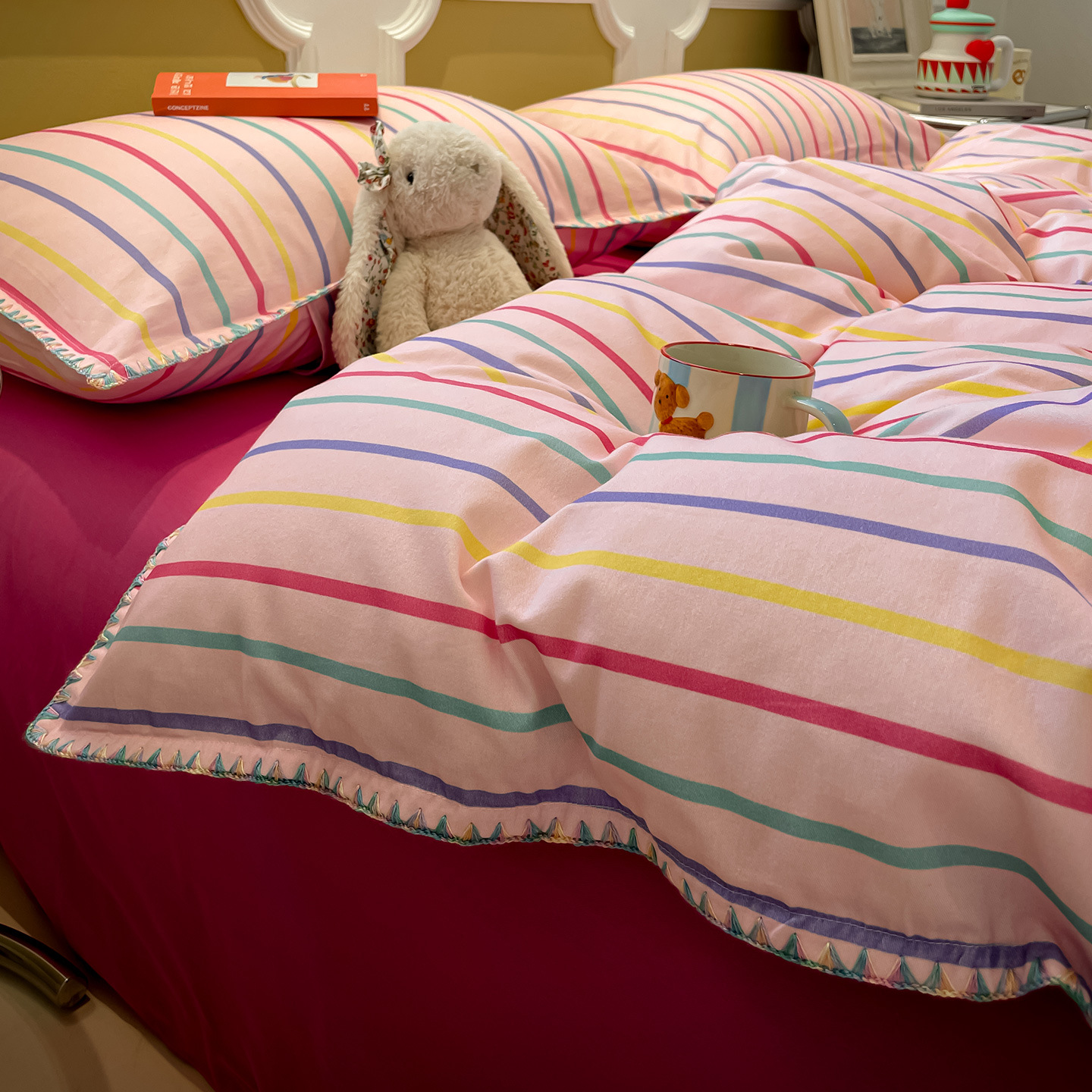 100% algodón clase A algodón madres y bebés borde de concha molido cuatro piezas de sábanas de algodón puro cama dormitorio cubierta de edredón