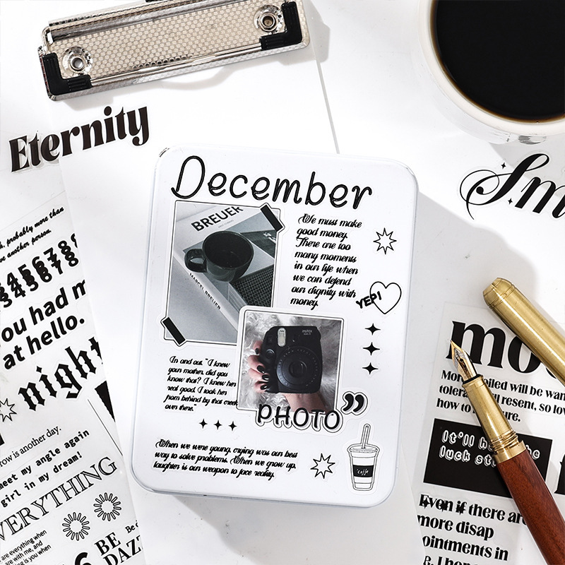 Impresión creativa Pegatinas de pet transparentes a prueba de agua Pegatinas de diario de bricolaje Pegatinas de letras negras en inglés transfronterizo