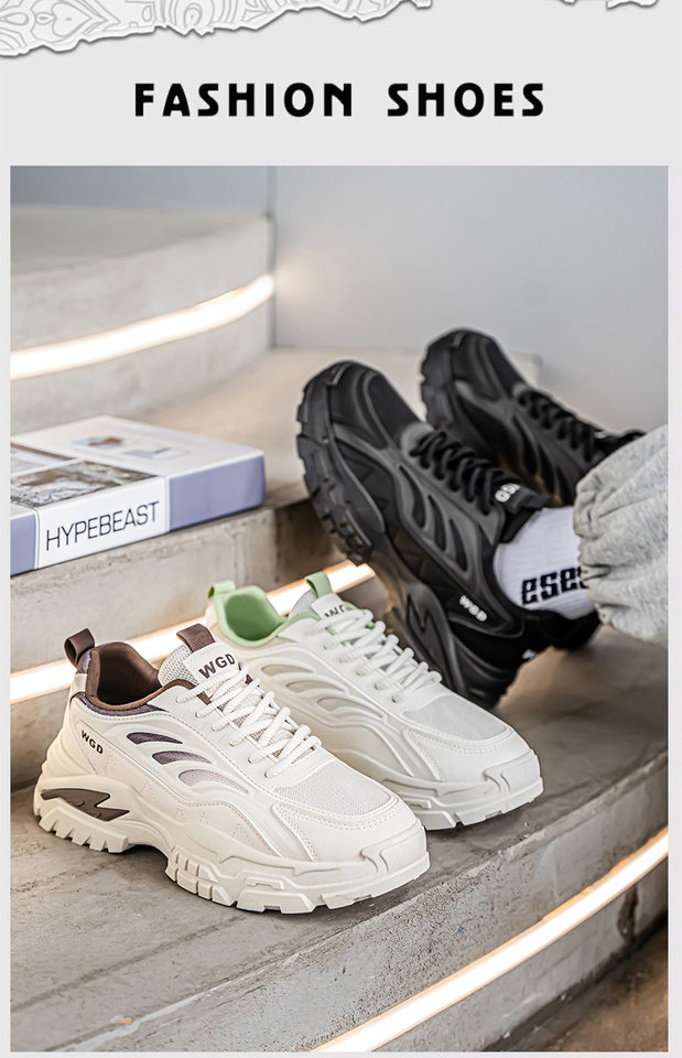 Giày thể thao nam đế dày kiểu sneaker lưới thoáng khí, buộc dây, gót thấp 1–3 cm — Bánh bao gạo W5033, W5033 màu đen, W5033 trắng xanh lục chi tiết 1