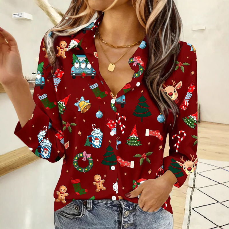 Christmas Style Print Spring and Summer Fashion Trend Women's Casual Long-Sleeved Shirt, Lightweight, Comfortable and Breathable