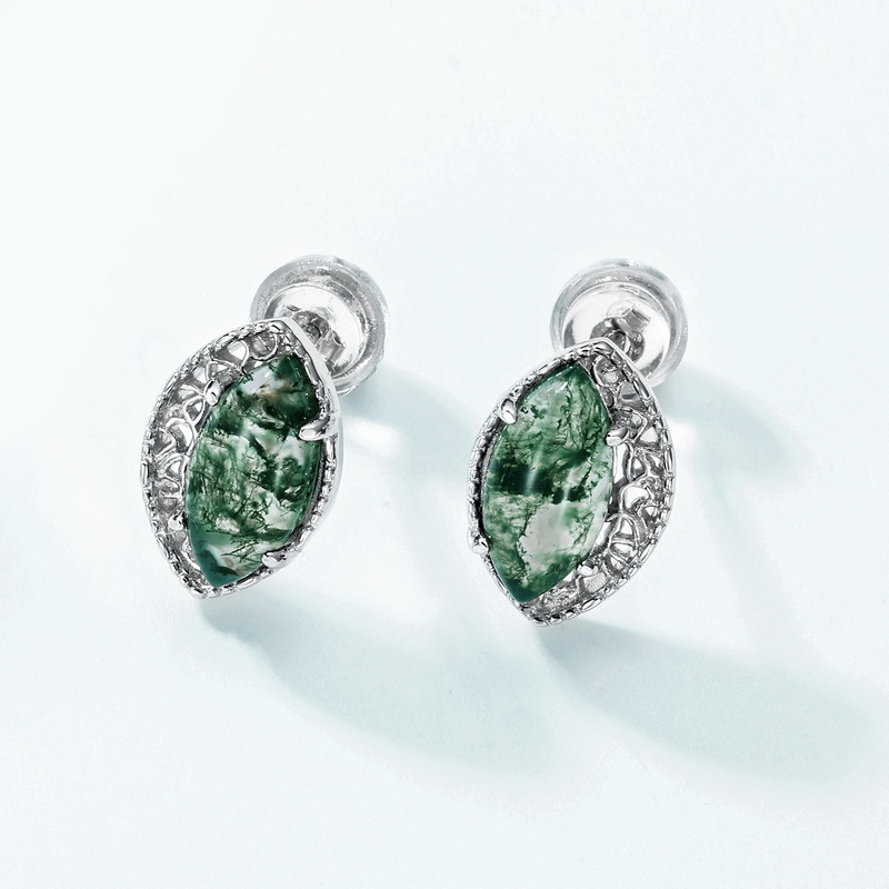 Pendientes de ágata de hierba de agua natural geométrica plateada S925 transfronteriza Pendientes de piedra de musgo verde Diseño de nicho de lujo simple y ligero