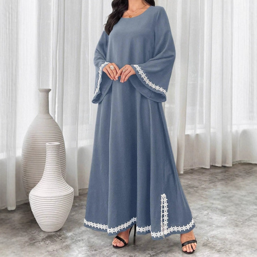 Middle Eastern-style hot-selling patchwork white lace V-neck split maxi dress