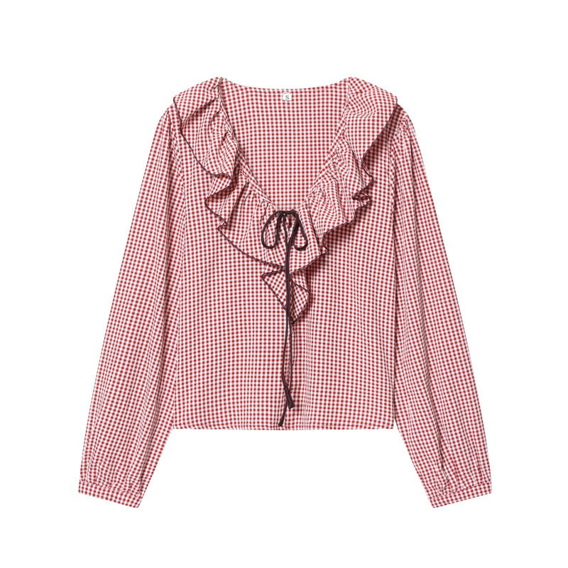 Foreign Trade Wholesale European and American 2025 Autumn New Sweet Layered Decorative Small Plaid Long-Sleeved Shirt Top J4-25353