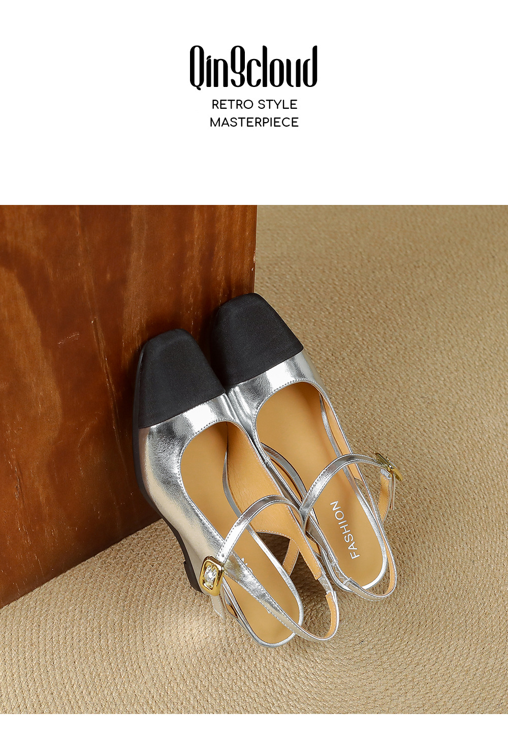 Sandal cao gót nữ mũi vuông quai ngang phong cách Chanel, gót xuồng 2026 — màu vàng, bạc chi tiết 13