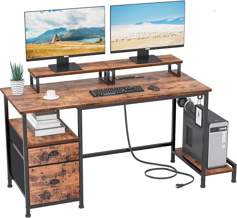 Computer Desk with Drawers and Power Outlets, 2 Monitor Stands, 2 Hooks, File Cabinet, Country Style