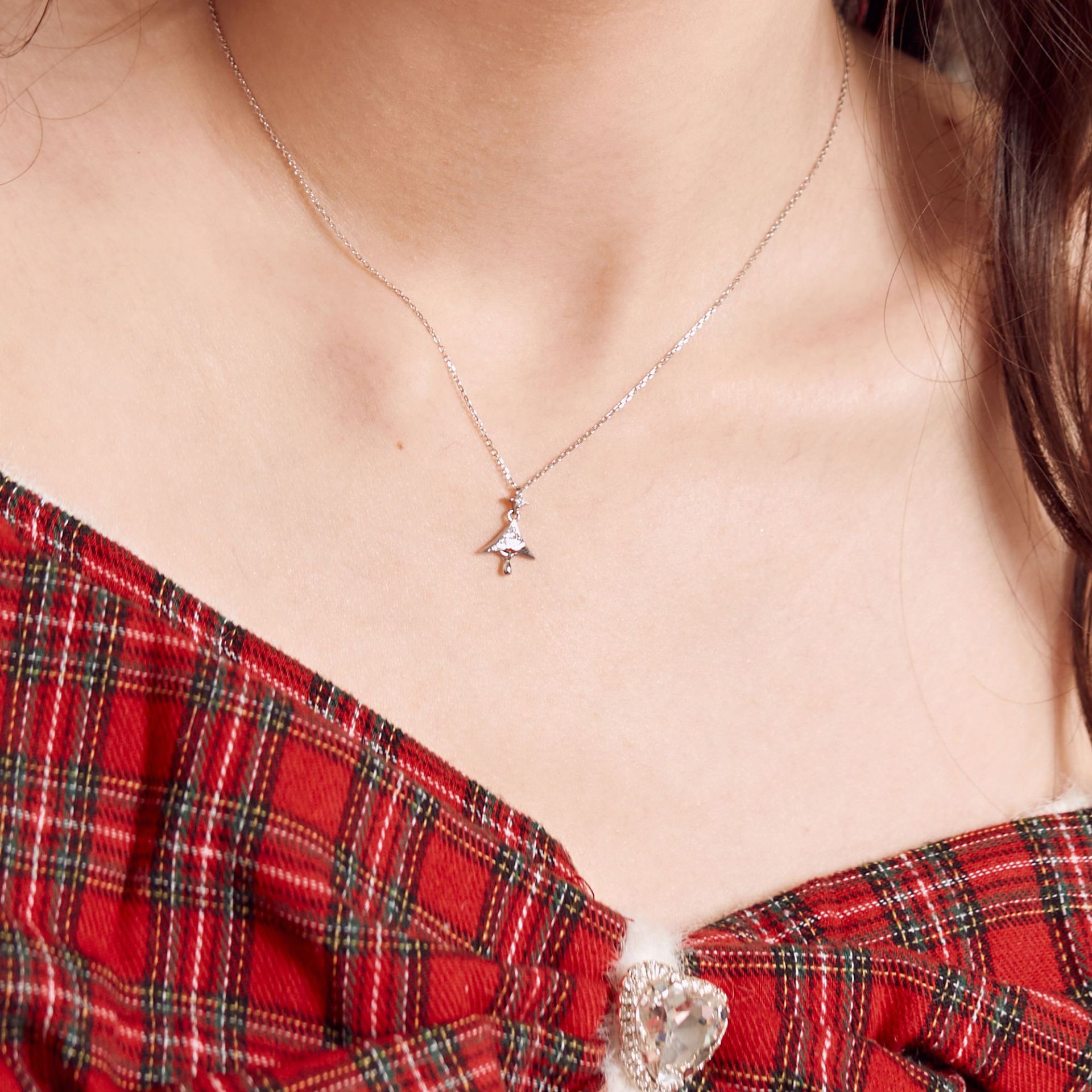 Fashion Christmas Tree Sterling Silver Inlay Zircon Pendant Necklace